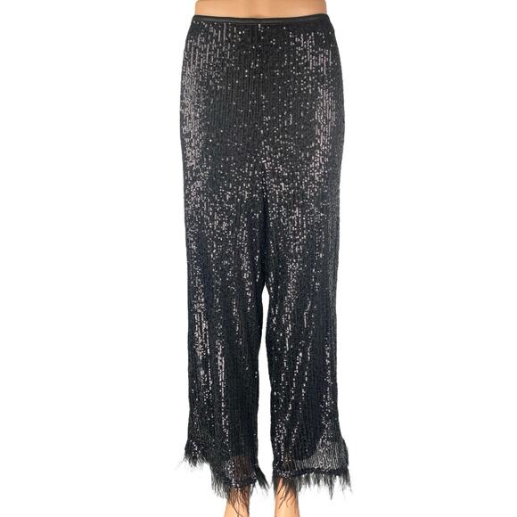Nanette Lepore Black Sequin Mesh Fringe High Waist Wide Leg Trousers Pants Sz L - Picture 1 of 6
